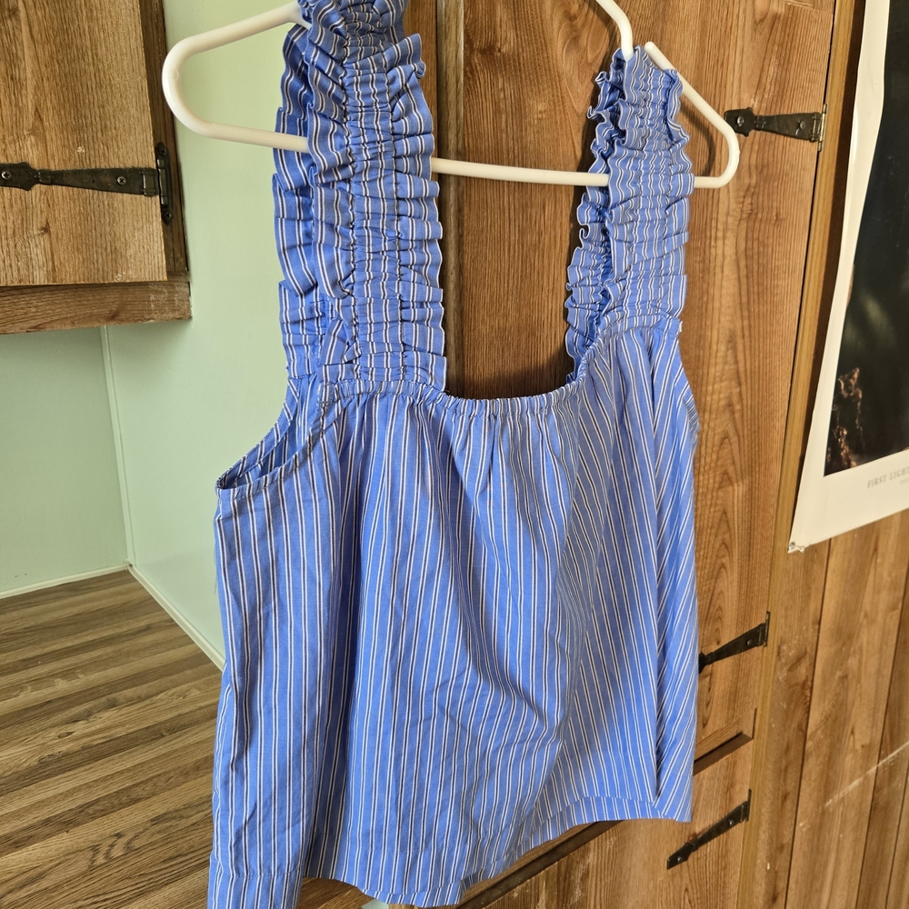 Cropped Blue Striped Ruffle Strap Tank Top - Picture 3 of 4